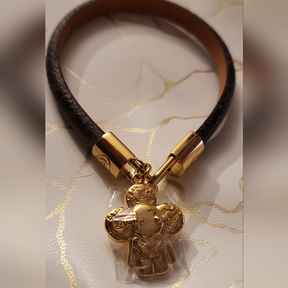 Gold Flower Charm Bracelet with Brown Leather Band-PRICE IS FIRM